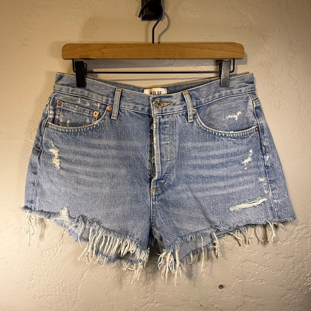 Agolde Light Blue Distressed Frayed Hem Denim Shorts